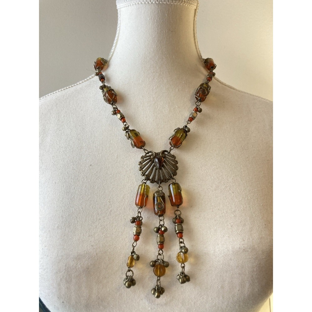 Artisan Boho Necklace Orange Glass Bead Romantic Antiqued Brass Tone Fringe